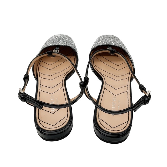 GUCCI SILVER GLITTER AND PATENT LEATHER DOUBLE G SLINGBACK BALLET FLATS - Picture 6 of 8